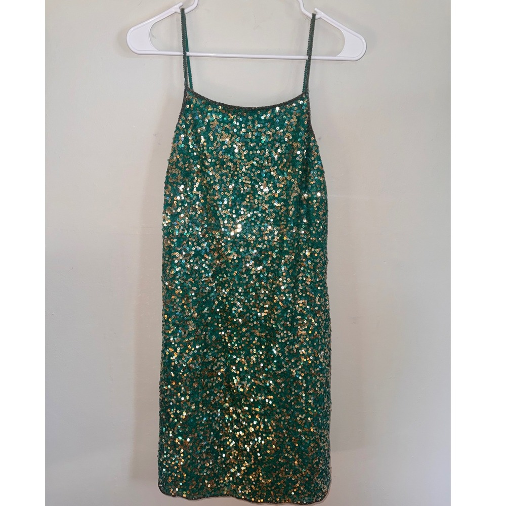 Chaudry Emerald Green Gold Silk Sequin Mini Dress Bead Strap NWT Medium